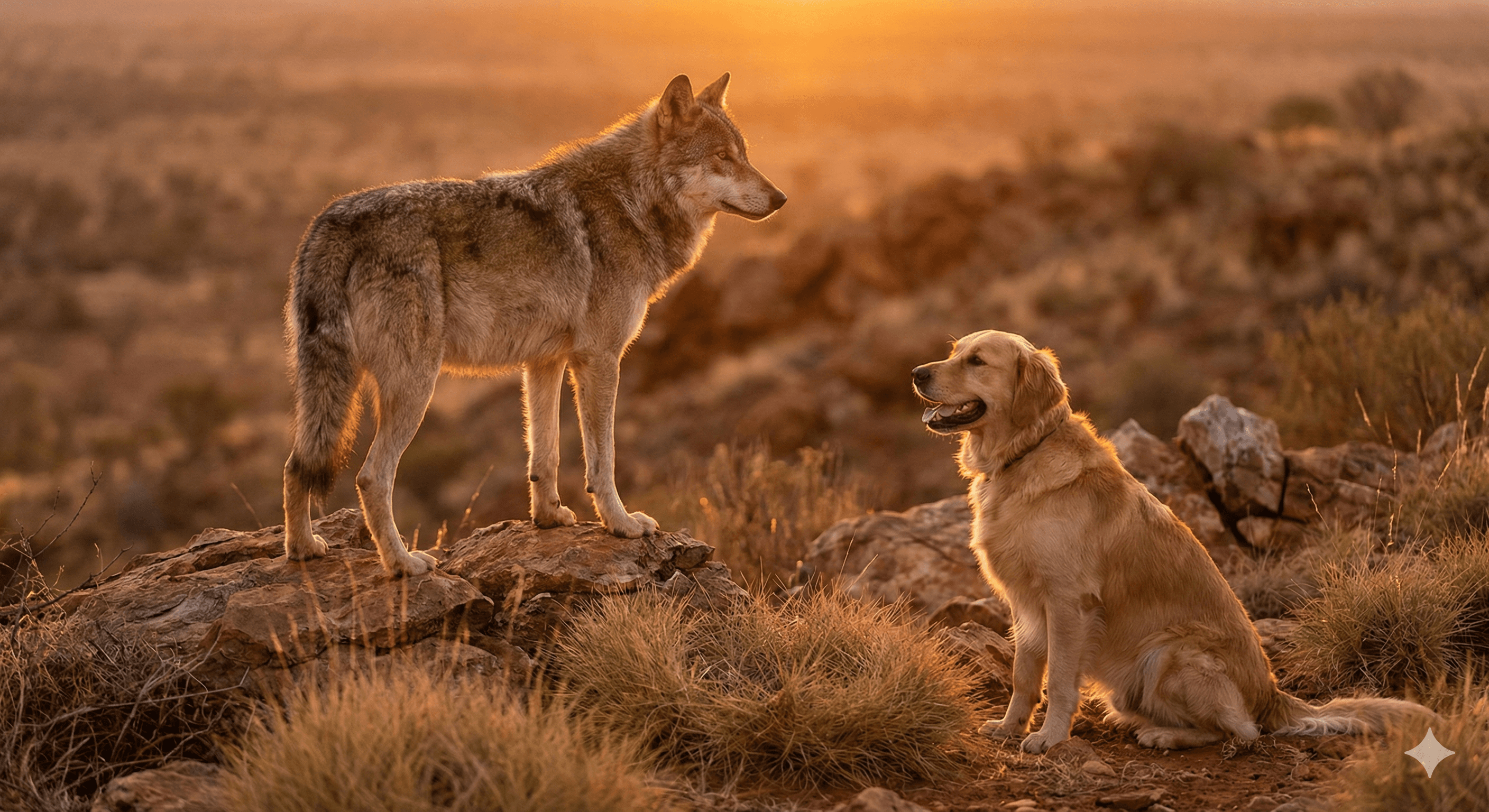 Wolf and golden retriever at sunset - the ancestral connection