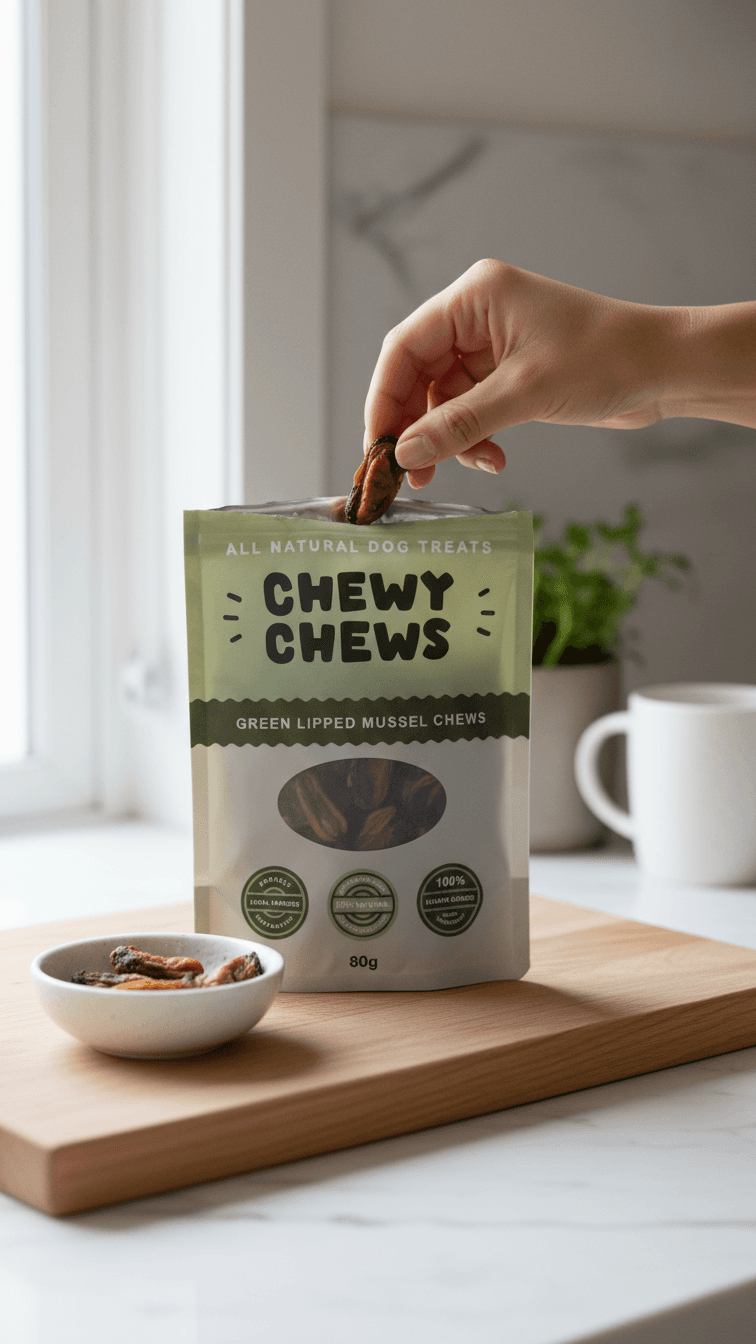 Green Lipped Mussel Chews — hand pulling treat from bag