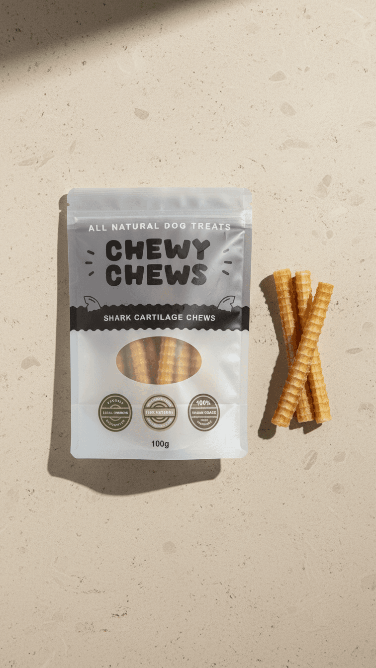 Shark Cartilage Chews — bag with treats on stone surface